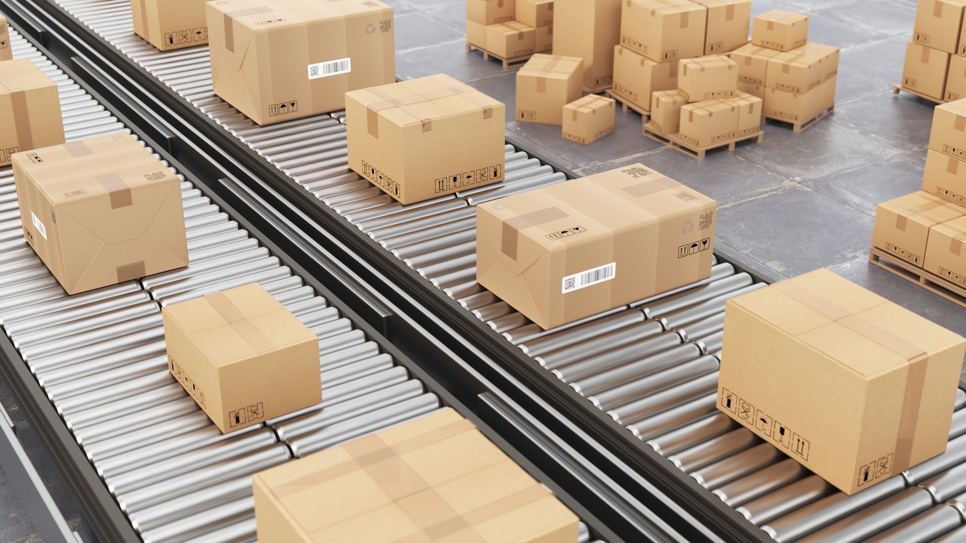 Packages moving along conveyor belt in a warehouse during daylight hours, illustrating efficient logistics operations. 3D illustration