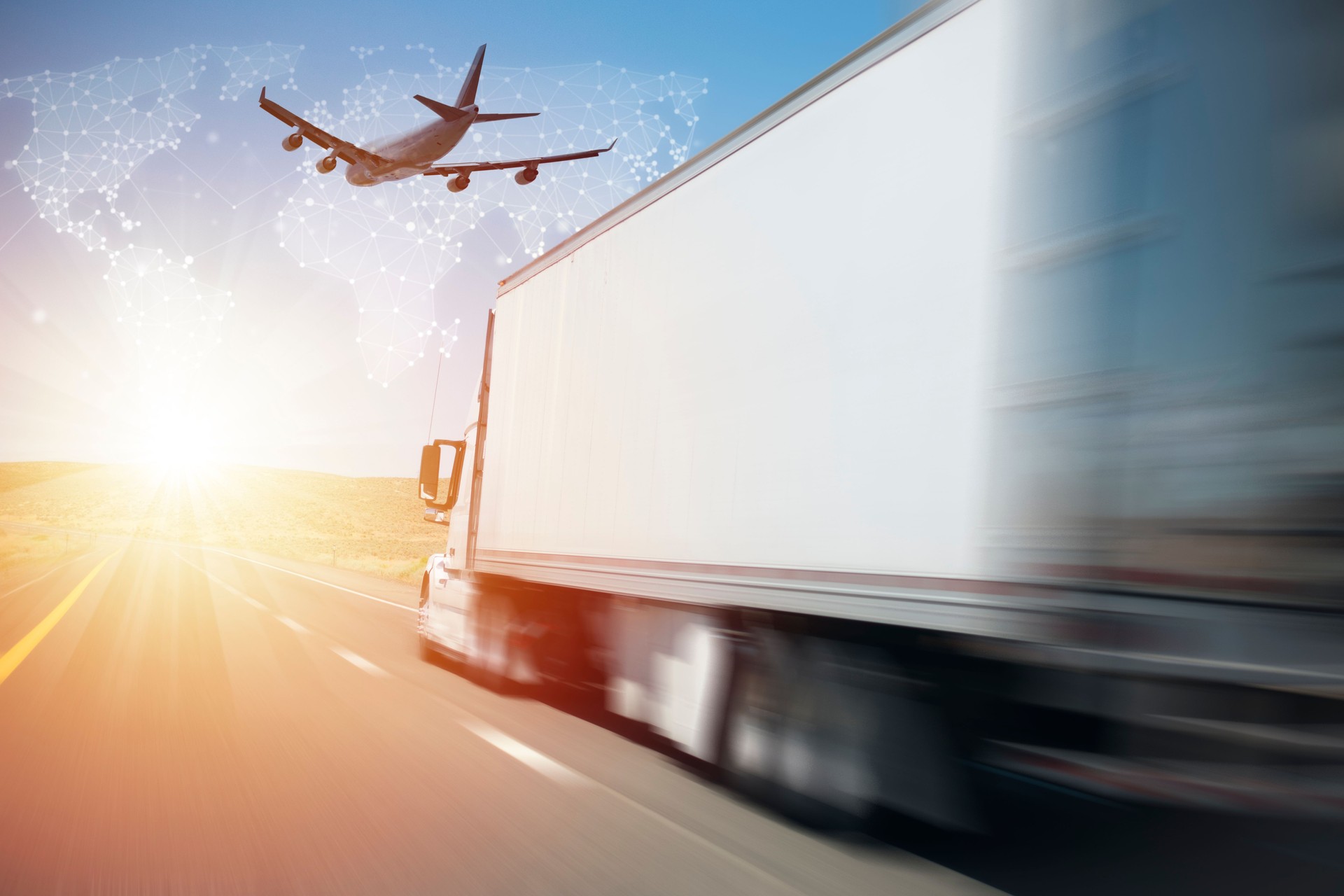 Container Truck on Highway and Cargo Airplane Flying with World Map Background